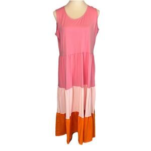 Lands' End Women's Petite Dress PL‎ Scoop Neck Tiered Maxi Pink Orange Bl…